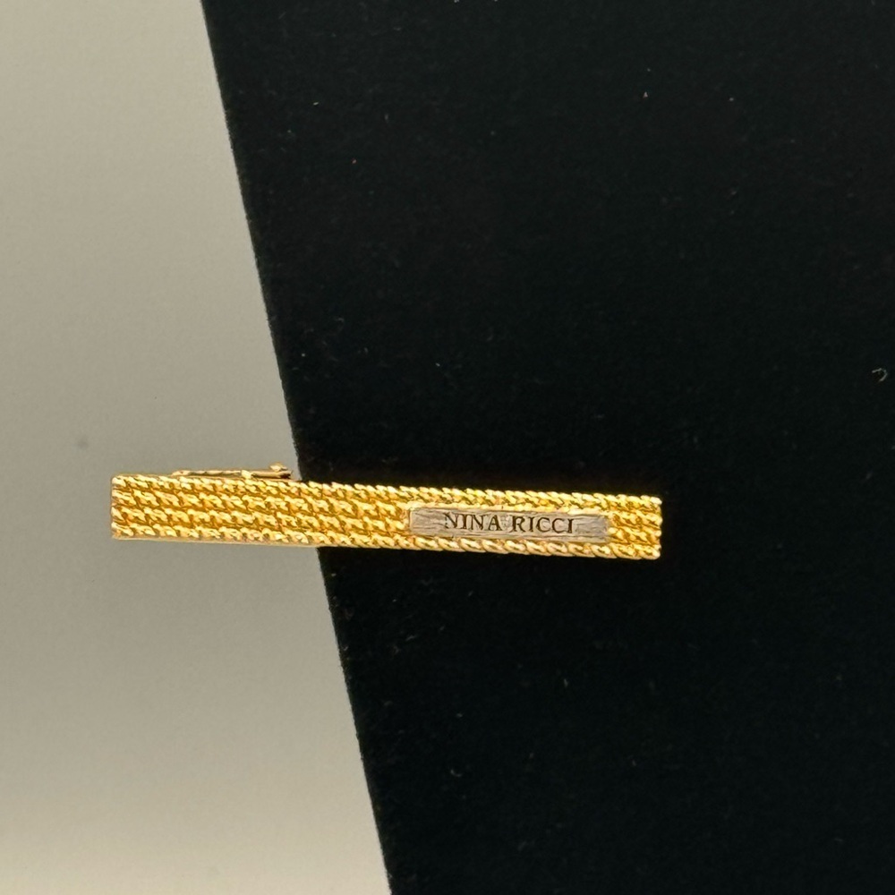 Vintage Nina Ricci Designer Gold Tone Textured Tie Clip Bar Signed Germany Men’s